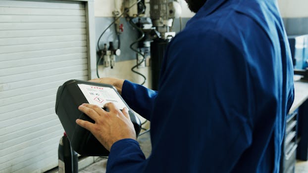 Mechanic using diagnostic tool to inspect vehicle in an automotive workshop.